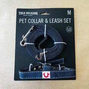 True Religion Pet Collar & Leash Set Denim  Horseshoe Charms Logo  Size : M